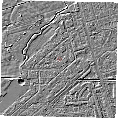 Shaded relief map of the ground around HU55QZ, computed from Environment Agency LiDAR. The ground here sits at about 2 m above sea level and falls 4 m across the surrounding 800 m. Surface water reaching this point runs off ground lying to the west-north-west, 0.8 m higher.
