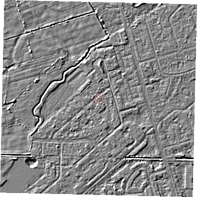 Shaded relief map of the ground around HU55RA, computed from Environment Agency LiDAR. The ground here sits at about 2 m above sea level and falls 4 m across the surrounding 800 m. Surface water reaching this point runs off ground lying to the north, 1.0 m higher.