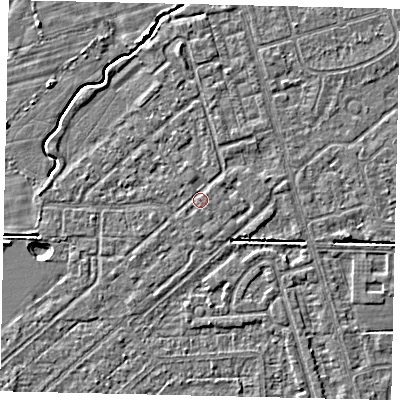 Shaded relief map of the ground around HU55RB, computed from Environment Agency LiDAR. The ground here sits at about 2 m above sea level and falls 4 m across the surrounding 800 m. Surface water reaching this point runs off ground lying to the north-east, 0.6 m higher.