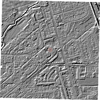 Shaded relief map of the ground around HU55RH, computed from Environment Agency LiDAR. The ground here sits at about 2 m above sea level and falls 4 m across the surrounding 800 m. Surface water reaching this point runs off ground lying to the west, 0.6 m higher.