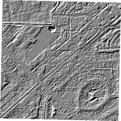 Shaded relief map of the ground around HU55RN, computed from Environment Agency LiDAR. The ground here sits at about 2 m above sea level and falls 2 m across the surrounding 800 m. Surface water reaching this point runs off ground lying to the west-south-west, 0.8 m higher.
