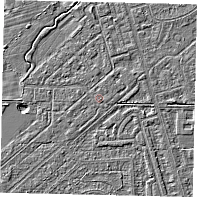 Shaded relief map of the ground around HU55RP, computed from Environment Agency LiDAR. The ground here sits at about 2 m above sea level and falls 4 m across the surrounding 800 m. The ground contributing surface water to this point lies to the north-east.