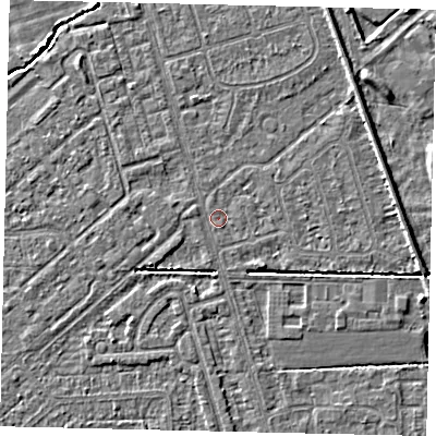 Shaded relief map of the ground around HU55RS, computed from Environment Agency LiDAR. The ground here sits at about 2 m above sea level and falls 4 m across the surrounding 800 m. Surface water reaching this point runs off ground lying to the east, 1.7 m higher.