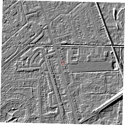 Shaded relief map of the ground around HU55RU, computed from Environment Agency LiDAR. The ground here sits at about 2 m above sea level and falls 7 m across the surrounding 800 m. The ground contributing surface water to this point lies to the south-south-west.