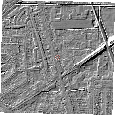 Shaded relief map of the ground around HU55RX, computed from Environment Agency LiDAR. The ground here sits at about 2 m above sea level and falls 9 m across the surrounding 800 m. Surface water reaching this point runs off ground lying to the east-north-east, 7.3 m higher.