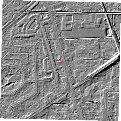 Shaded relief map of the ground around HU55RY, computed from Environment Agency LiDAR. The ground here sits at about 2 m above sea level and falls 8 m across the surrounding 800 m. Surface water reaching this point runs off ground lying to the south, 1.2 m higher.