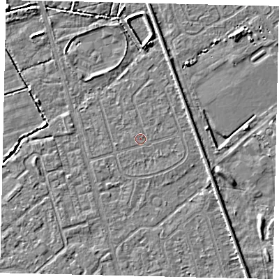 Shaded relief map of the ground around HU55SH, computed from Environment Agency LiDAR. The ground here sits at about 2 m above sea level and falls 4 m across the surrounding 800 m. Surface water reaching this point runs off ground lying to the east, 1.2 m higher.