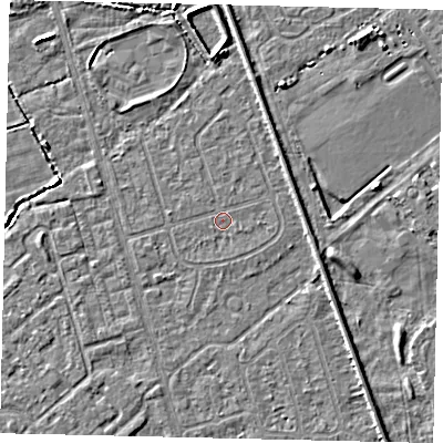 Shaded relief map of the ground around HU55SJ, computed from Environment Agency LiDAR. The ground here sits at about 2 m above sea level and falls 4 m across the surrounding 800 m. Surface water reaching this point runs off ground lying to the east-north-east, 1.2 m higher.