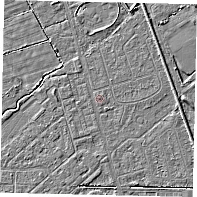 Shaded relief map of the ground around HU55SW, computed from Environment Agency LiDAR. The ground here sits at about 2 m above sea level and falls 4 m across the surrounding 800 m. The ground contributing surface water to this point lies to the west-south-west.