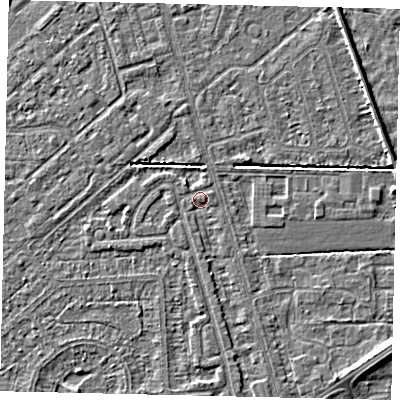 Shaded relief map of the ground around HU55TA, computed from Environment Agency LiDAR. The ground here sits at about 2 m above sea level and falls 5 m across the surrounding 800 m. Surface water reaching this point runs off ground lying to the west-south-west, 1.2 m higher.