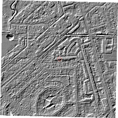 Shaded relief map of the ground around HU55TD, computed from Environment Agency LiDAR. The ground here sits at about 2 m above sea level and falls 2 m across the surrounding 800 m. Surface water reaching this point runs off ground lying to the east, 1.5 m higher.