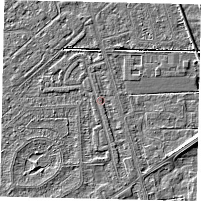 Shaded relief map of the ground around HU55TE, computed from Environment Agency LiDAR. The ground here sits at about 2 m above sea level and falls 6 m across the surrounding 800 m. Surface water reaching this point runs off ground lying to the south-south-east, 1.2 m higher.