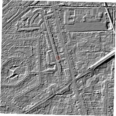 Shaded relief map of the ground around HU55TF, computed from Environment Agency LiDAR. The ground here sits at about 2 m above sea level and falls 7 m across the surrounding 800 m. Surface water reaching this point runs off ground lying to the south-south-east, 1.2 m higher.