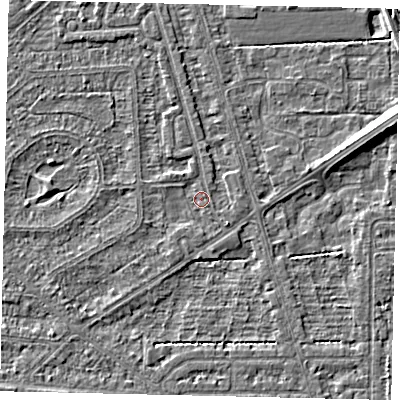 Shaded relief map of the ground around HU55TG, computed from Environment Agency LiDAR. The ground here sits at about 2 m above sea level and falls 7 m across the surrounding 800 m. Surface water reaching this point runs off ground lying to the south-east, 1.3 m higher.