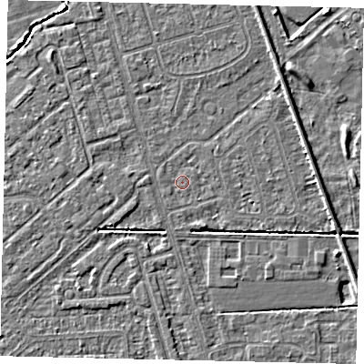Shaded relief map of the ground around HU55TJ, computed from Environment Agency LiDAR. The ground here sits at about 2 m above sea level and falls 4 m across the surrounding 800 m. Surface water reaching this point runs off ground lying to the east, 1.7 m higher.