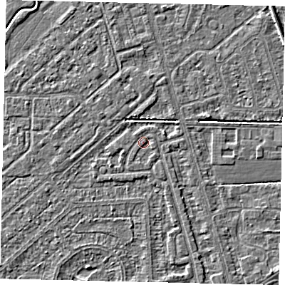 Shaded relief map of the ground around HU55TQ, computed from Environment Agency LiDAR. The ground here sits at about 2 m above sea level and falls 3 m across the surrounding 800 m. Surface water reaching this point runs off ground lying to the south, 0.8 m higher.