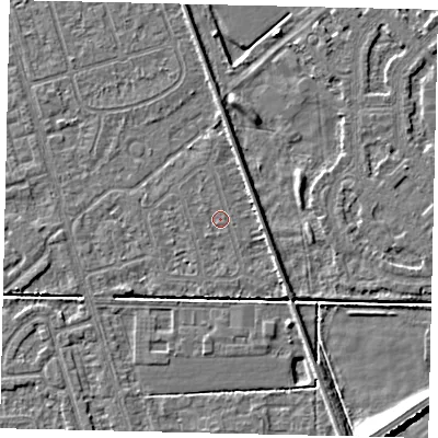 Shaded relief map of the ground around HU55TS, computed from Environment Agency LiDAR. The ground here sits at about 2 m above sea level and falls 7 m across the surrounding 800 m. The ground contributing surface water to this point lies to the west-north-west.