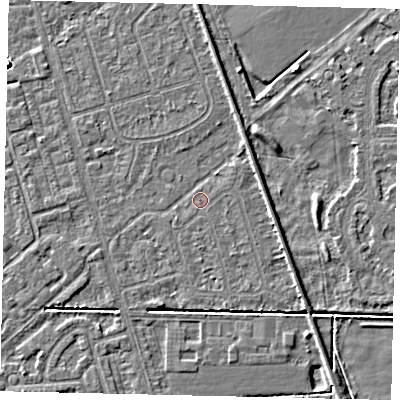 Shaded relief map of the ground around HU55TU, computed from Environment Agency LiDAR. The ground here sits at about 2 m above sea level and falls 4 m across the surrounding 800 m. Surface water reaching this point runs off ground lying to the east-south-east, 1.7 m higher.