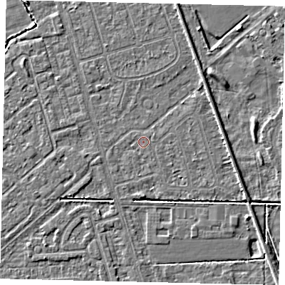 Shaded relief map of the ground around HU55TZ, computed from Environment Agency LiDAR. The ground here sits at about 2 m above sea level and falls 4 m across the surrounding 800 m. Surface water reaching this point runs off ground lying to the east, 1.7 m higher.