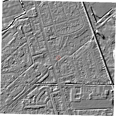 Shaded relief map of the ground around HU55UB, computed from Environment Agency LiDAR. The ground here sits at about 2 m above sea level and falls 4 m across the surrounding 800 m. Surface water reaching this point runs off ground lying to the east, 1.7 m higher.