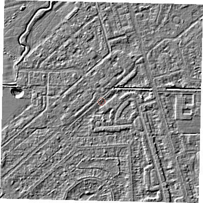 Shaded relief map of the ground around HU55UD, computed from Environment Agency LiDAR. The ground here sits at about 2 m above sea level and falls 3 m across the surrounding 800 m. Surface water reaching this point runs off ground lying to the south, 2.1 m higher.