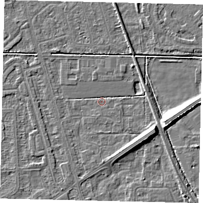 Shaded relief map of the ground around HU55UF, computed from Environment Agency LiDAR. The ground here sits at about 2 m above sea level and falls 9 m across the surrounding 800 m. Surface water reaching this point runs off ground lying to the east-south-east, 8.0 m higher.