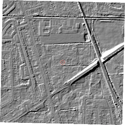 Shaded relief map of the ground around HU55UH, computed from Environment Agency LiDAR. The ground here sits at about 2 m above sea level and falls 9 m across the surrounding 800 m. Surface water reaching this point runs off ground lying to the east, 7.3 m higher.