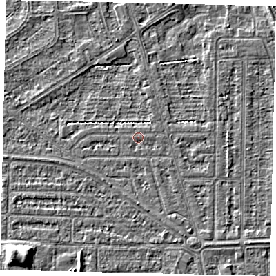 Shaded relief map of the ground around HU55UL, computed from Environment Agency LiDAR. The ground here sits at about 2 m above sea level and falls 6 m across the surrounding 800 m. Surface water reaching this point runs off ground lying to the east, 0.6 m higher.
