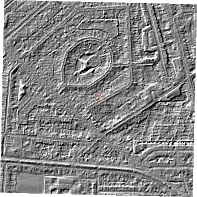 Shaded relief map of the ground around HU55UP, computed from Environment Agency LiDAR. The ground here sits at about 2 m above sea level and falls 2 m across the surrounding 800 m. Surface water reaching this point runs off ground lying to the south-west, 0.8 m higher.