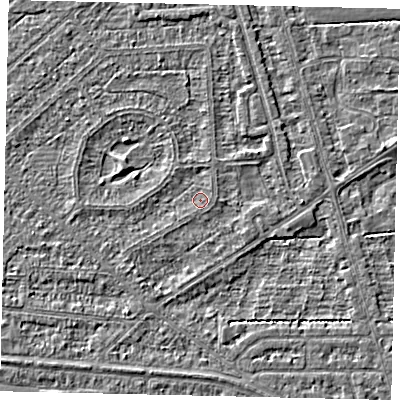 Shaded relief map of the ground around HU55UR, computed from Environment Agency LiDAR. The ground here sits at about 2 m above sea level and falls 2 m across the surrounding 800 m. Surface water reaching this point runs off ground lying to the north-north-east, 0.5 m higher.