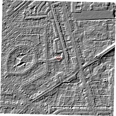 Shaded relief map of the ground around HU55US, computed from Environment Agency LiDAR. The ground here sits at about 2 m above sea level and falls 6 m across the surrounding 800 m. Surface water reaching this point runs off ground lying to the east, 1.3 m higher.