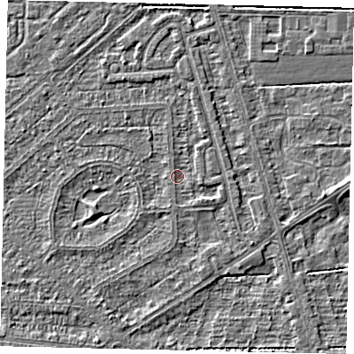 Shaded relief map of the ground around HU55UU, computed from Environment Agency LiDAR. The ground here sits at about 2 m above sea level and falls 3 m across the surrounding 800 m. Surface water reaching this point runs off ground lying to the east-south-east, 1.3 m higher.
