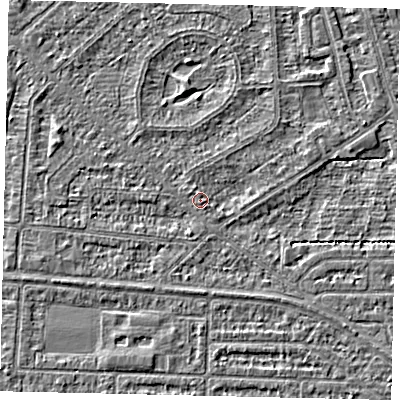 Shaded relief map of the ground around HU55UW, computed from Environment Agency LiDAR. The ground here sits at about 2 m above sea level and falls 2 m across the surrounding 800 m. Surface water reaching this point runs off ground lying to the north-west, 1.2 m higher.