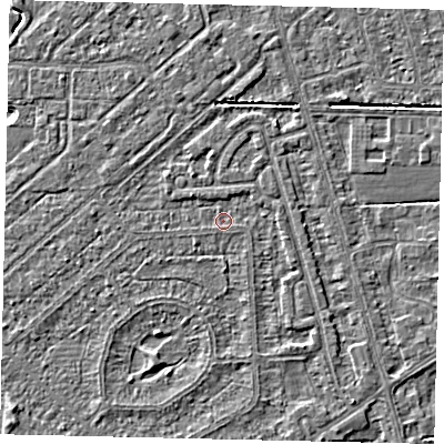 Shaded relief map of the ground around HU55UY, computed from Environment Agency LiDAR. The ground here sits at about 2 m above sea level and falls 2 m across the surrounding 800 m. Surface water reaching this point runs off ground lying to the south-south-west, 1.3 m higher.