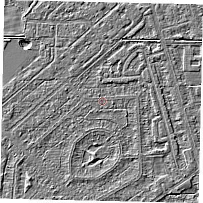 Shaded relief map of the ground around HU55UZ, computed from Environment Agency LiDAR. The ground here sits at about 2 m above sea level and falls 2 m across the surrounding 800 m. Surface water reaching this point runs off ground lying to the south-east, 1.4 m higher.