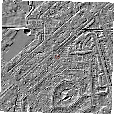 Shaded relief map of the ground around HU55XA, computed from Environment Agency LiDAR. The ground here sits at about 2 m above sea level and falls 2 m across the surrounding 800 m. Surface water reaching this point runs off ground lying to the east-north-east, 1.5 m higher.