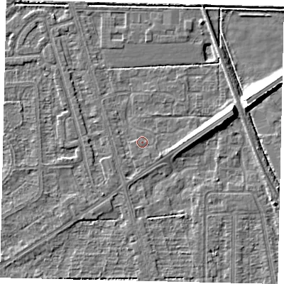 Shaded relief map of the ground around HU55XF, computed from Environment Agency LiDAR. The ground here sits at about 2 m above sea level and falls 9 m across the surrounding 800 m. Surface water reaching this point runs off ground lying to the east-north-east, 6.9 m higher.