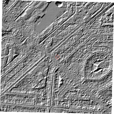 Shaded relief map of the ground around HU55XG, computed from Environment Agency LiDAR. The ground here sits at about 2 m above sea level and falls 3 m across the surrounding 800 m. Surface water reaching this point runs off ground lying to the east, 0.9 m higher.