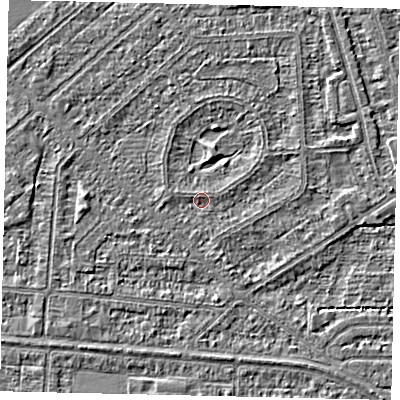 Shaded relief map of the ground around HU55XH, computed from Environment Agency LiDAR. The ground here sits at about 2 m above sea level and falls 2 m across the surrounding 800 m. Surface water reaching this point runs off ground lying to the south-south-east, 0.8 m higher.