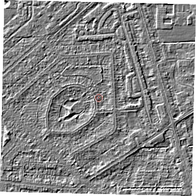 Shaded relief map of the ground around HU55XN, computed from Environment Agency LiDAR. The ground here sits at about 2 m above sea level and falls 2 m across the surrounding 800 m. Surface water reaching this point runs off ground lying to the west-south-west, 1.3 m higher.