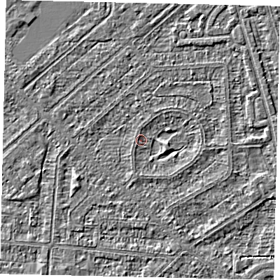 Shaded relief map of the ground around HU55XP, computed from Environment Agency LiDAR. The ground here sits at about 2 m above sea level and falls 2 m across the surrounding 800 m. Surface water reaching this point runs off ground lying to the east-south-east, 1.3 m higher.