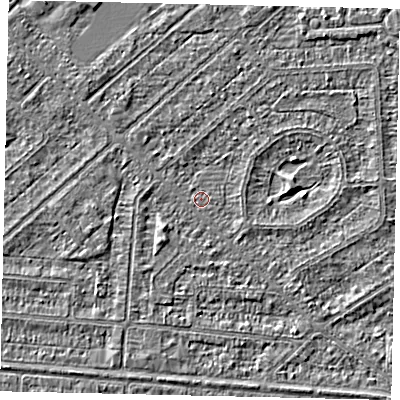 Shaded relief map of the ground around HU55XQ, computed from Environment Agency LiDAR. The ground here sits at about 2 m above sea level and falls 2 m across the surrounding 800 m. Surface water reaching this point runs off ground lying to the south-south-east, 0.7 m higher.