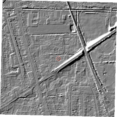 Shaded relief map of the ground around HU55XS, computed from Environment Agency LiDAR. The ground here sits at about 2 m above sea level and falls 9 m across the surrounding 800 m. Surface water reaching this point runs off ground lying to the east-north-east, 6.9 m higher.