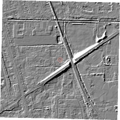 Shaded relief map of the ground around HU55XX, computed from Environment Agency LiDAR. The ground here sits at about 2 m above sea level and falls 9 m across the surrounding 800 m. Surface water reaching this point runs off ground lying to the east-south-east, 6.9 m higher.