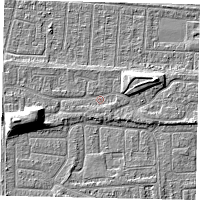 Shaded relief map of the ground around HU55YF, computed from Environment Agency LiDAR. The ground here sits at about 3 m above sea level and falls 9 m across the surrounding 800 m. Surface water reaching this point runs off ground lying to the west-south-west, 7.9 m higher.