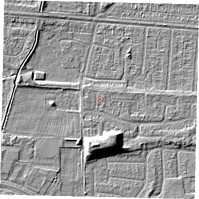 Shaded relief map of the ground around HU55YG, computed from Environment Agency LiDAR. The ground here sits at about 3 m above sea level and falls 9 m across the surrounding 800 m. The ground contributing surface water to this point lies to the west.