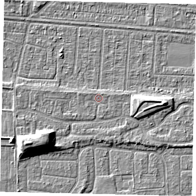 Shaded relief map of the ground around HU55YH, computed from Environment Agency LiDAR. The ground here sits at about 3 m above sea level and falls 9 m across the surrounding 800 m. Surface water reaching this point runs off ground lying to the west, 0.9 m higher.