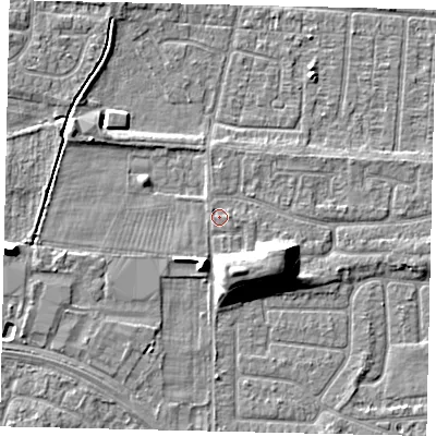 Shaded relief map of the ground around HU55YJ, computed from Environment Agency LiDAR. The ground here sits at about 3 m above sea level and falls 9 m across the surrounding 800 m. Surface water reaching this point runs off ground lying to the south-south-west, 4.4 m higher.