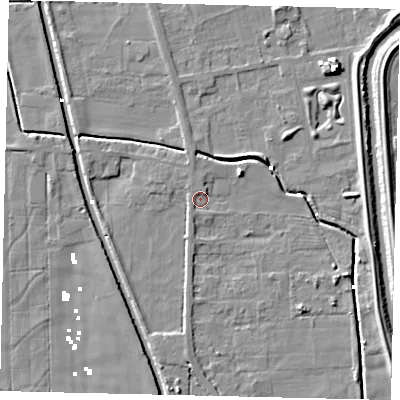 Shaded relief map of the ground around HU60AD, computed from Environment Agency LiDAR. The ground here sits at about 2 m above sea level and falls 8 m across the surrounding 800 m. Surface water reaching this point runs off ground lying to the east-north-east, 3.0 m higher.