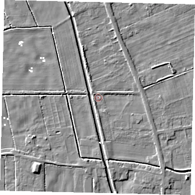 Shaded relief map of the ground around HU60AP, computed from Environment Agency LiDAR. The ground here sits at about 1 m above sea level and falls 5 m across the surrounding 800 m. Surface water reaching this point runs off ground lying to the south-east, 3.3 m higher.